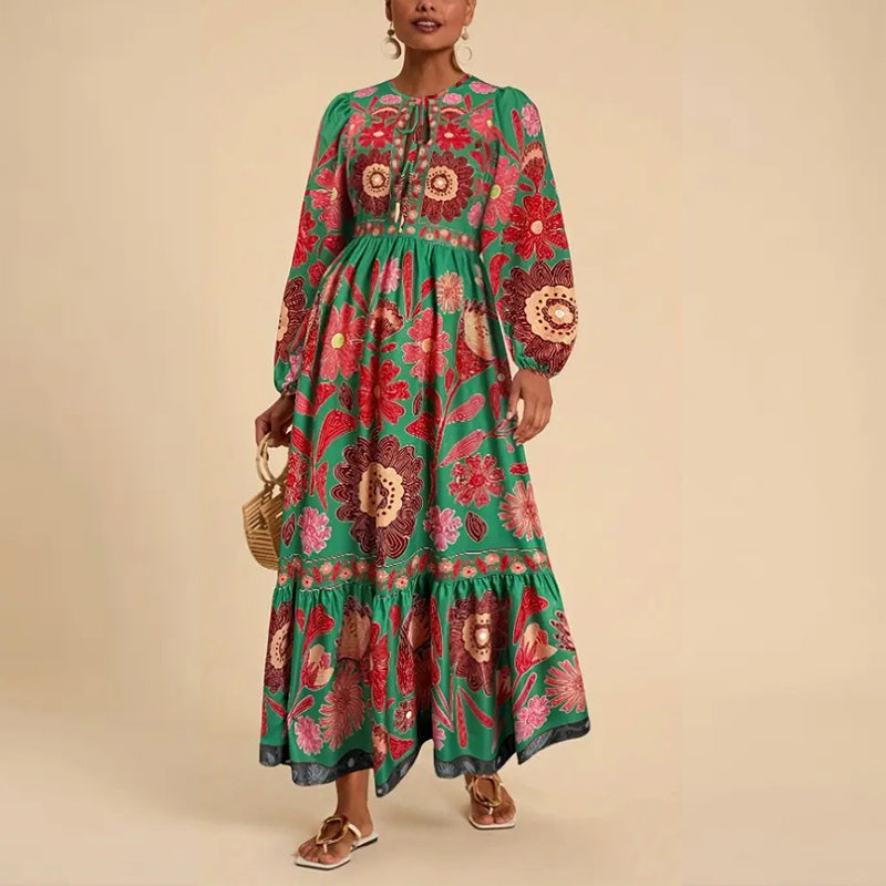 Women's Bohemian Floral Print Dress Cuff Long Sleeve Round Neck Maxi Dress For Spring&Fall