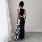 Sleeveless Printed Temperament V-neck Color-block Midi Dress