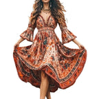 Women's Printed Bell Sleeve V-neck Long Dress