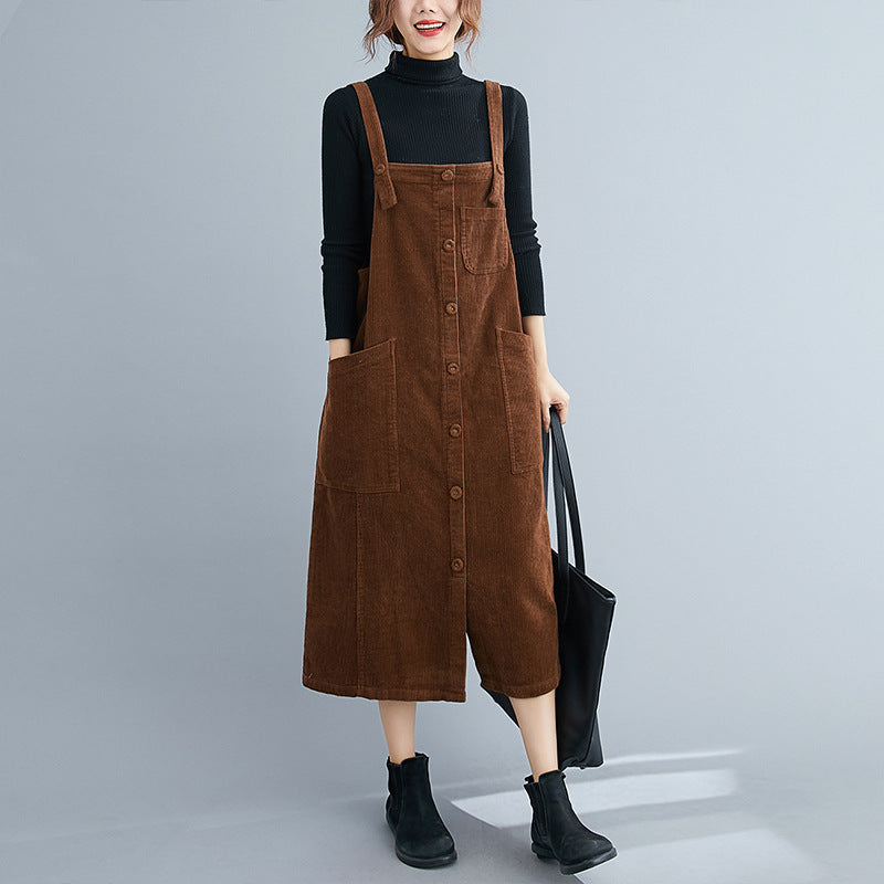 Sleeveless Artistic Large Size Loose Mid-length Women's Vest Dress Corduroy