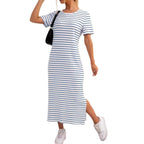 Women's Black And White Striped Dress Short Sleeve Floral Print Slit