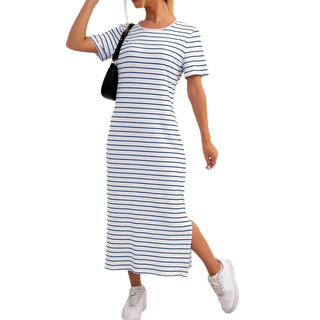 Women's Black And White Striped Dress Short Sleeve Floral Print Slit