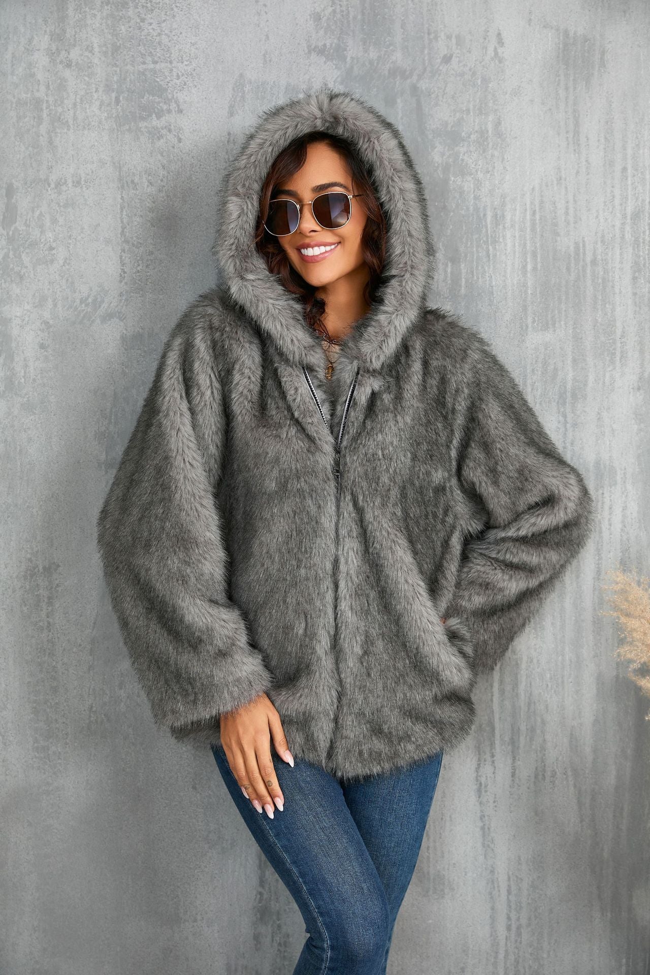 Leather Fur Solid Color Loose Hooded Short Collar Coat