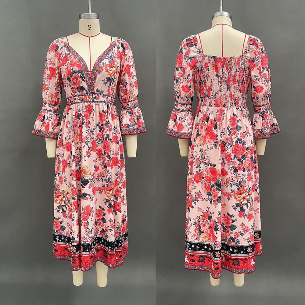 Women's Printed Bell Sleeve V-neck Long Dress