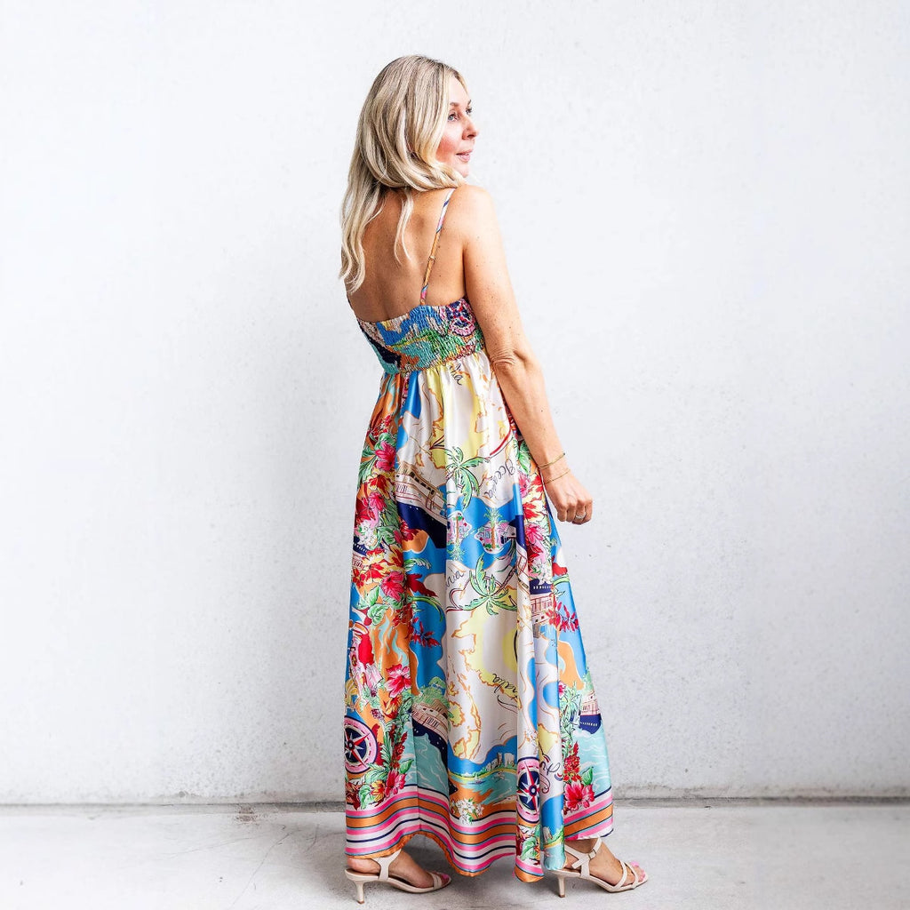 Women's High Waist Print Vacation Style Large Swing Suspender Dress