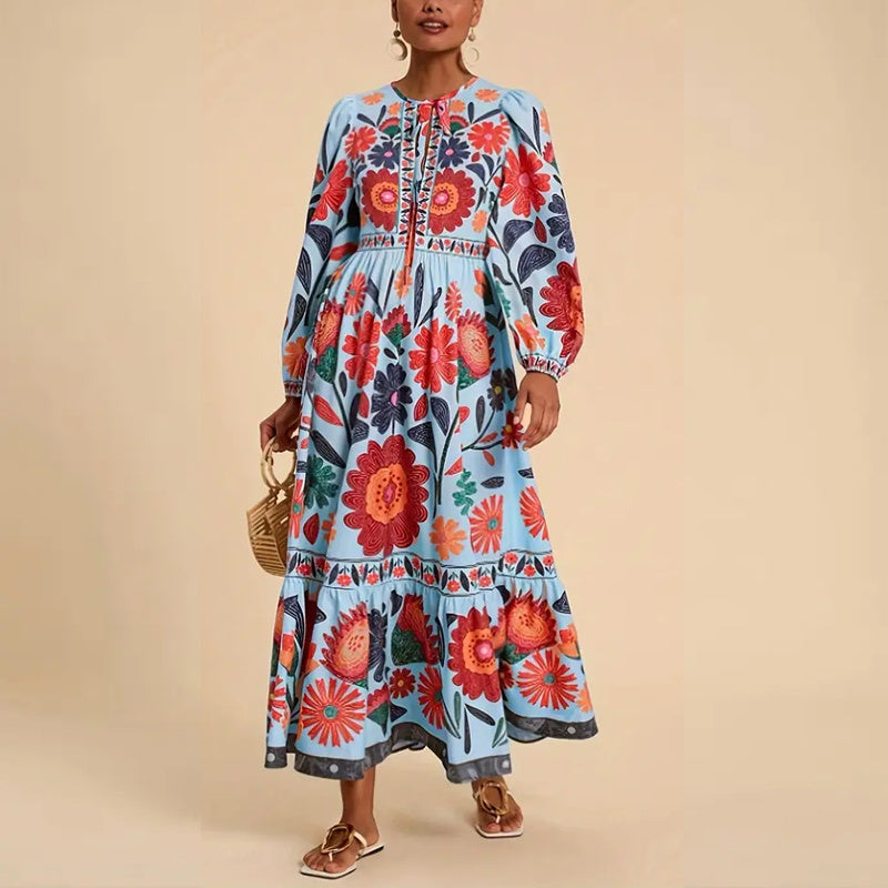 Women's Bohemian Floral Print Dress Cuff Long Sleeve Round Neck Maxi Dress For Spring&Fall