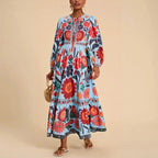 Women's Bohemian Floral Print Dress Cuff Long Sleeve Round Neck Maxi Dress For Spring&Fall