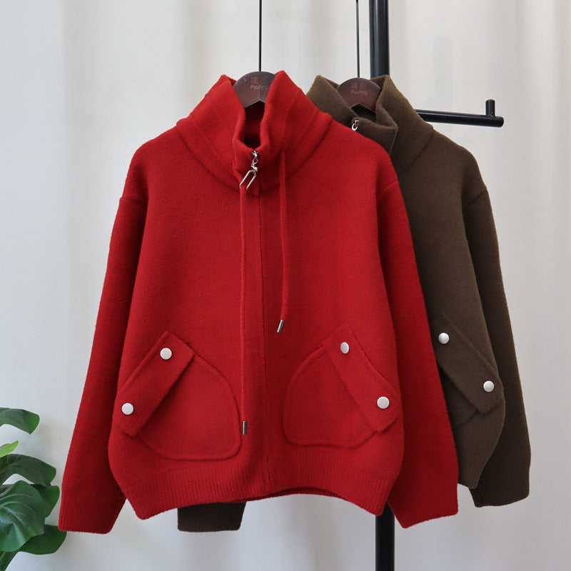 Loose Versatile Zipper Knitted Double-faced Woolen Goods Solid Color Coat For Women