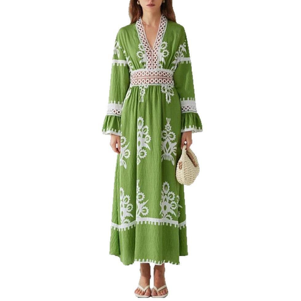 Fall V-neck Stitching Lace Women's Long-sleeved Dress