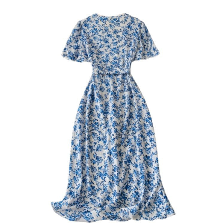 Short-sleeved V-neck Waist-cinching A-line Flared Dress