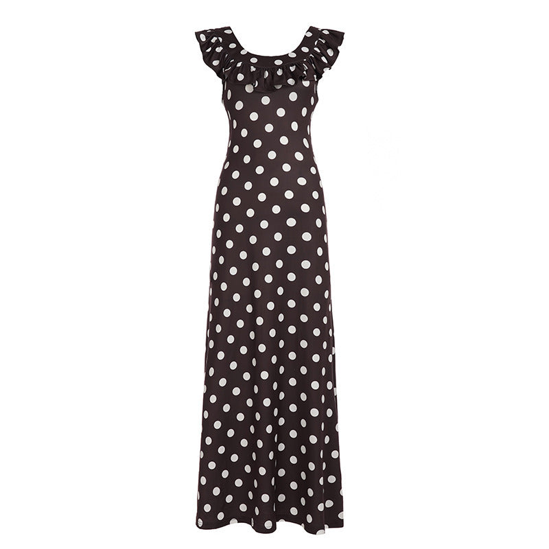 French Elegant Ruffled U-neck Polka Dot Dress Women