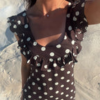 French Elegant Ruffled U-neck Polka Dot Dress Women