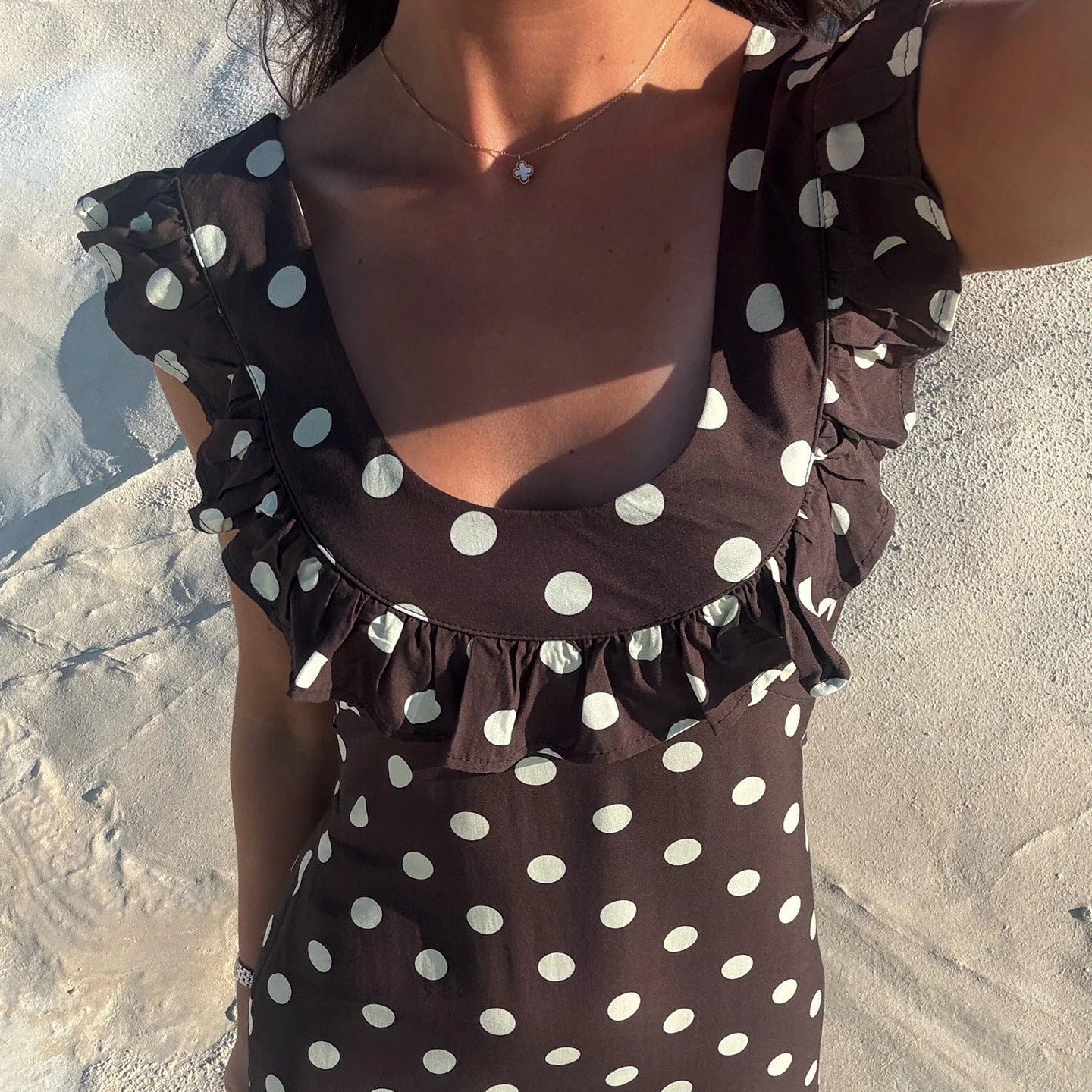 French Elegant Ruffled U-neck Polka Dot Dress Women