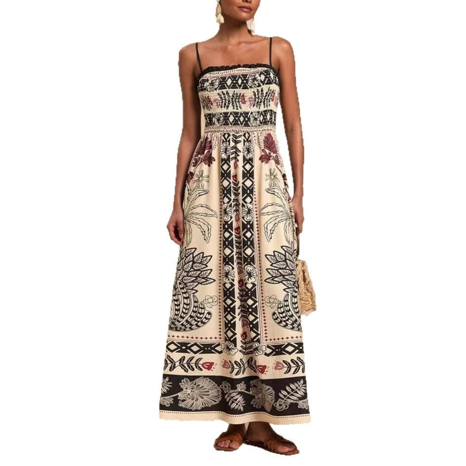 Printed Elegant Graceful Smocking Waist Slimming Sleeveless Dress Women