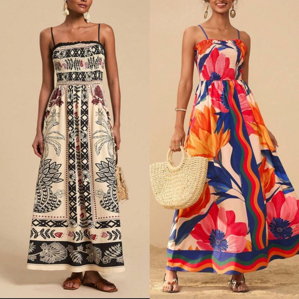 Printed Elegant Graceful Smocking Waist Slimming Sleeveless Dress Women