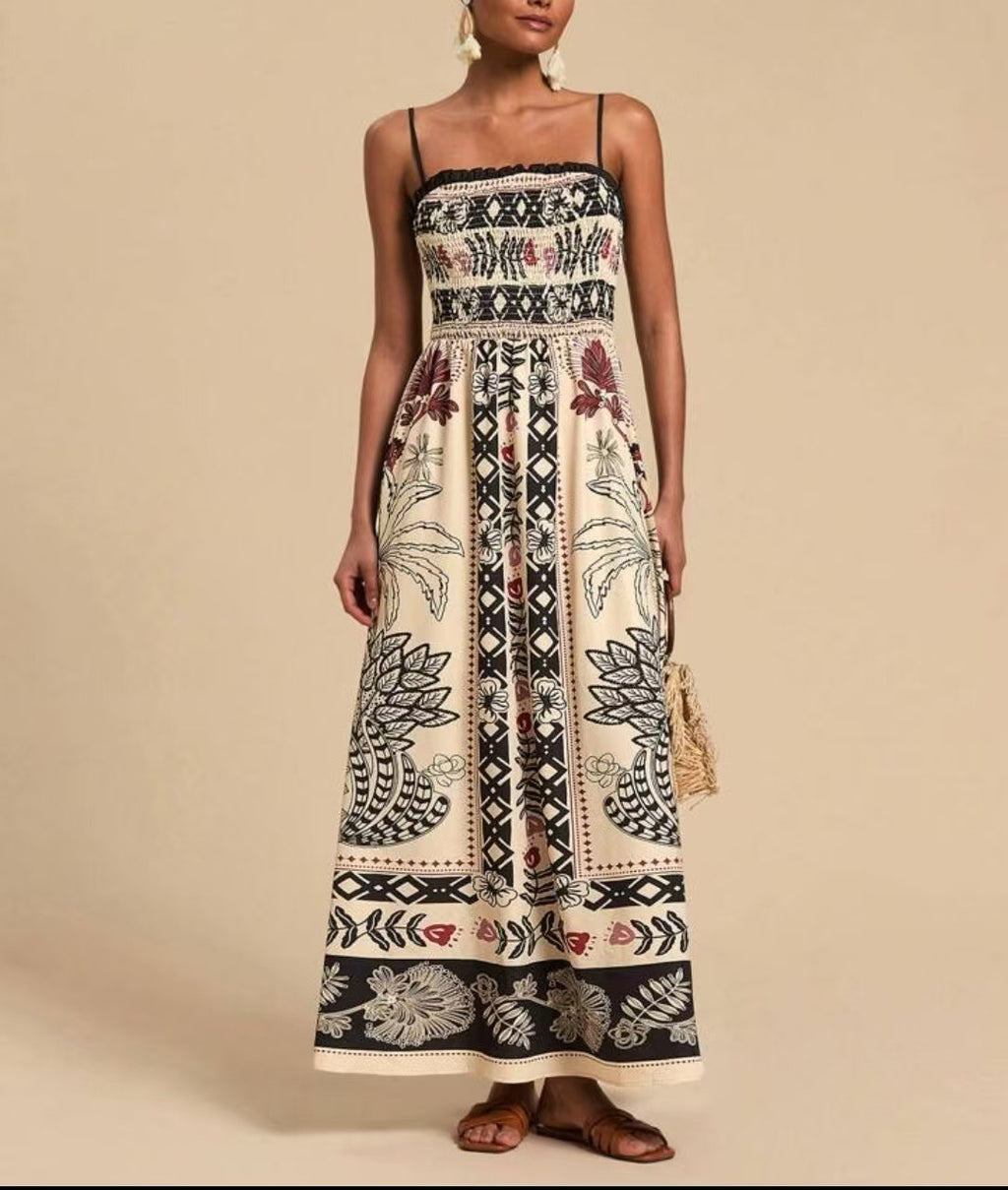 Printed Elegant Graceful Smocking Waist Slimming Sleeveless Dress Women