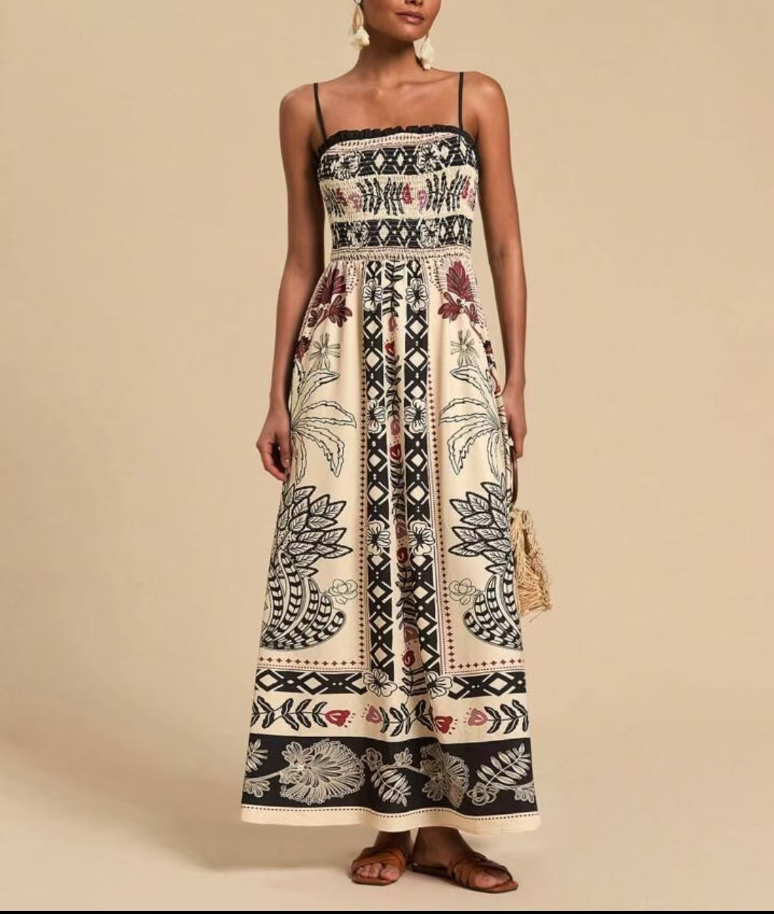 Printed Elegant Graceful Smocking Waist Slimming Sleeveless Dress Women