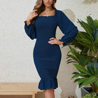 Long Sleeve Square-neck Fishtail Midi Dress
