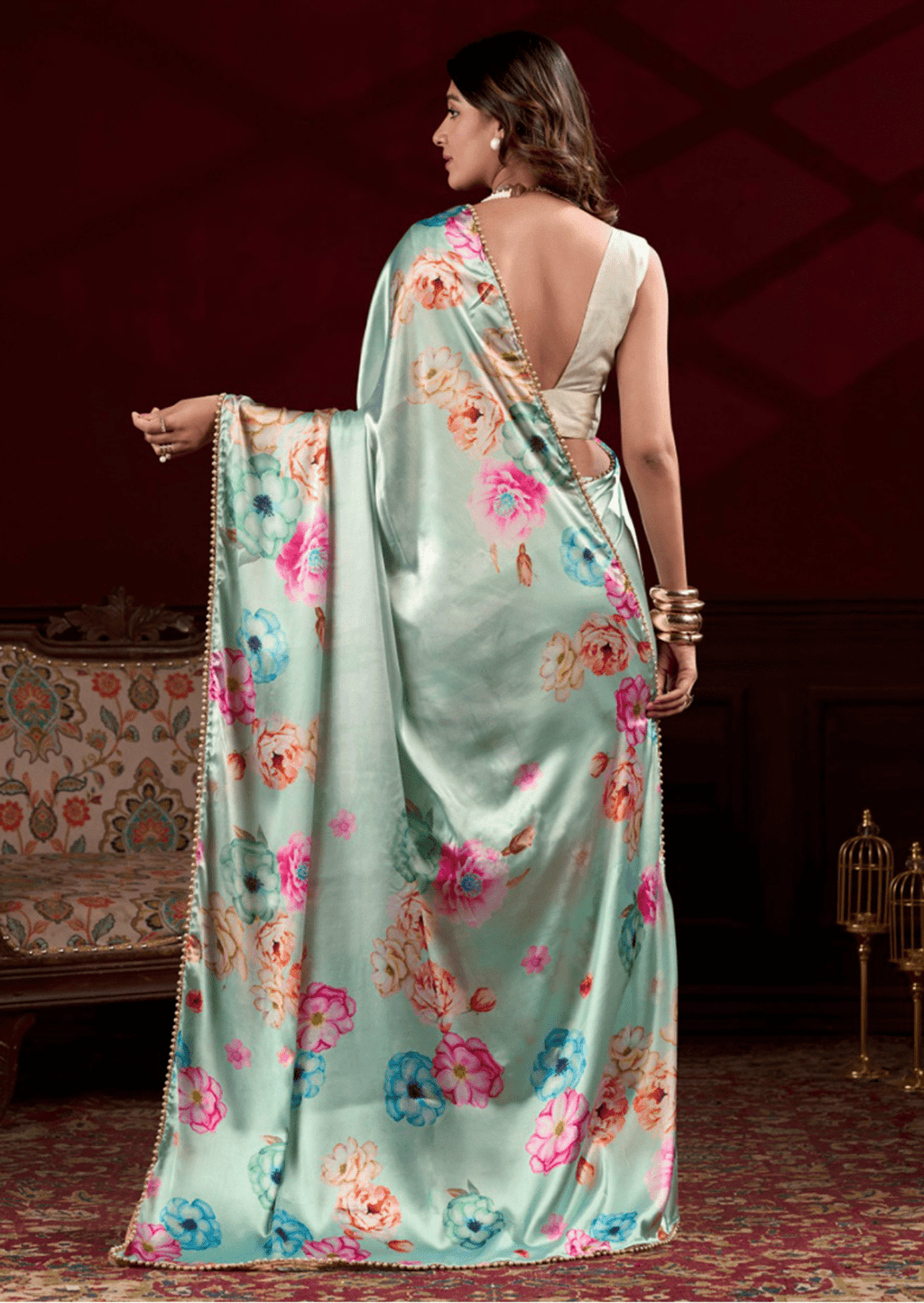 Anaya Mint Blossom Satin Silk Saree