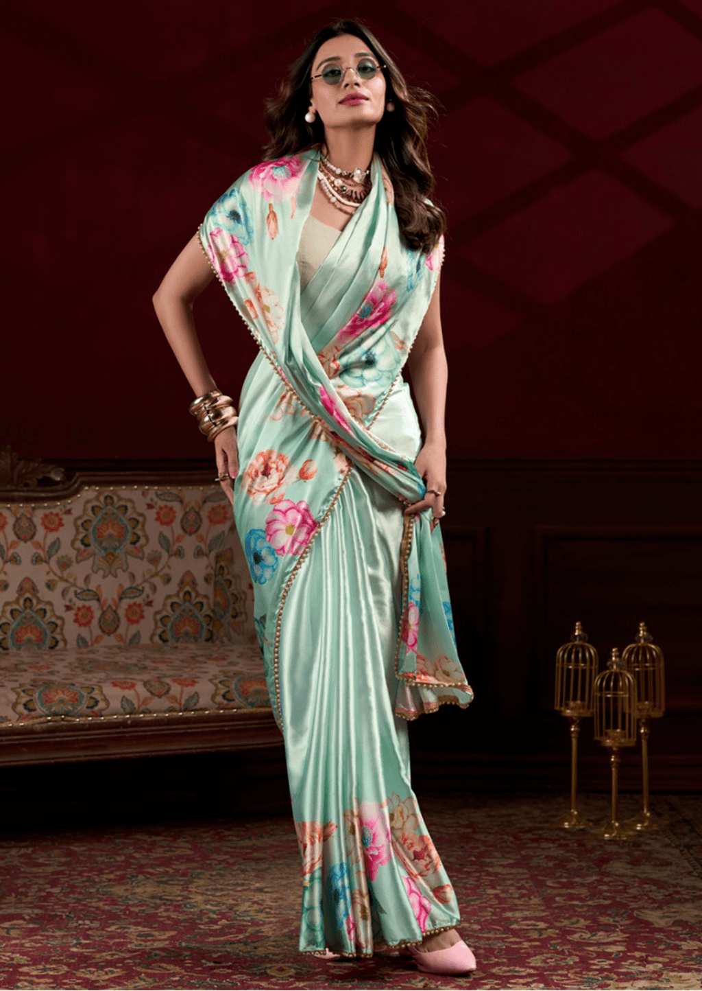 Anaya Mint Blossom Satin Silk Saree
