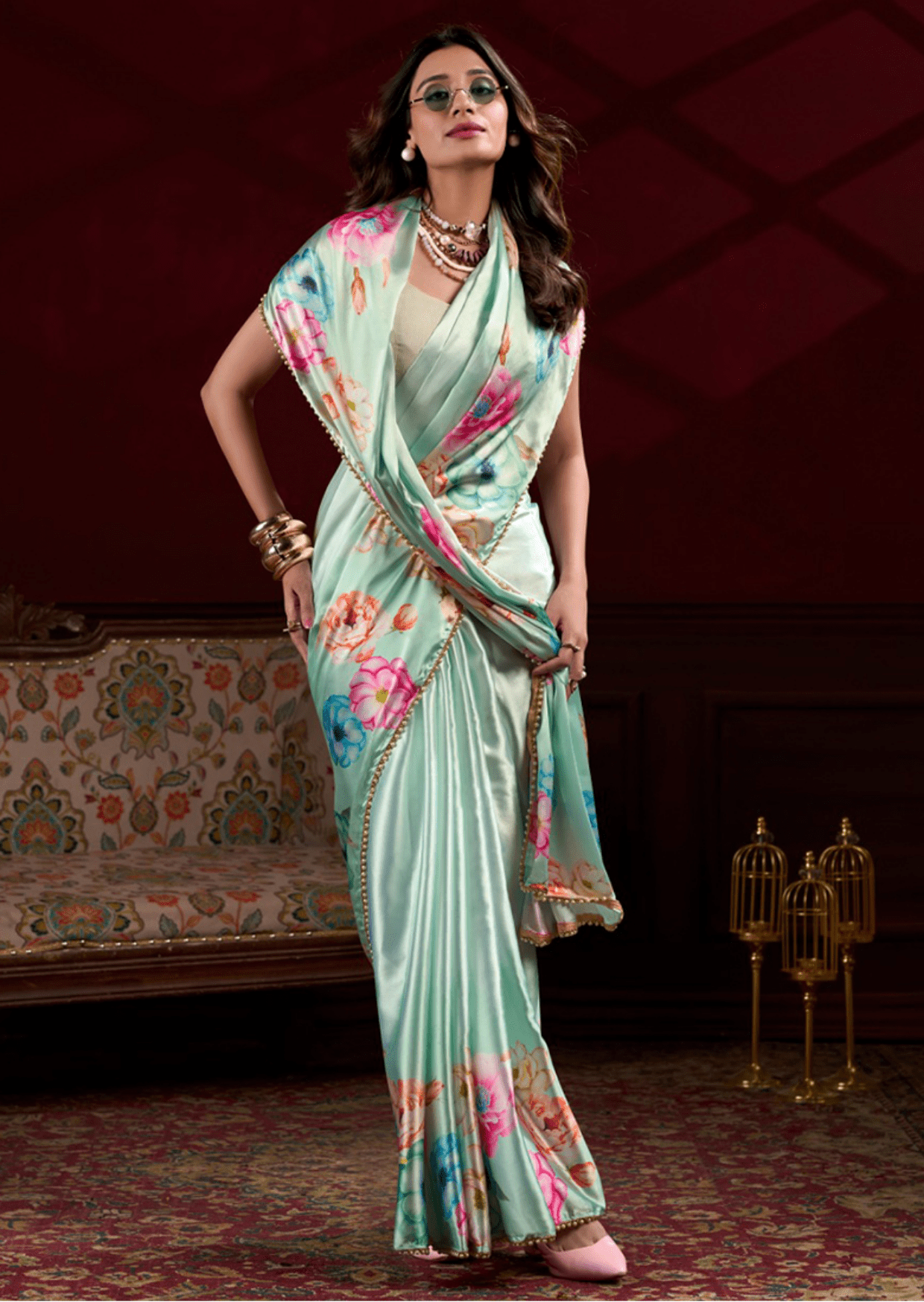 Anaya Mint Blossom Satin Silk Saree