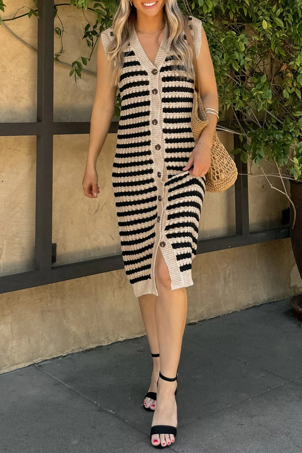 Parchment Buttoned Front Pencil Midi Sleeveless Sweater Dress