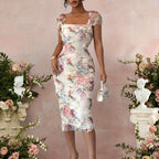 Elegant And Romantic Mesh Floral Print Pleated Midi Dress