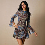 New Double-layer Round Neck Mesh Slit Trumpet Long Sleeve Fashion Slim Dress