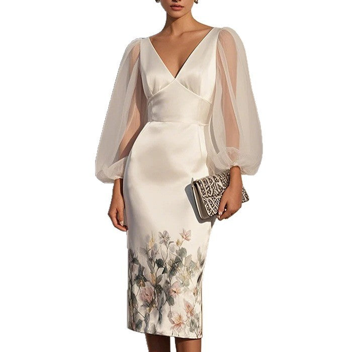 Mesh Stitching V-neck Digital Printed Dress