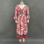 Women's Printed Bell Sleeve V-neck Long Dress