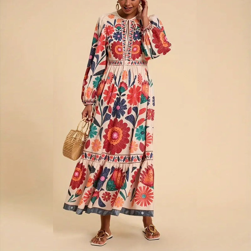 Women's Bohemian Floral Print Dress Cuff Long Sleeve Round Neck Maxi Dress For Spring&Fall