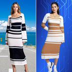 Colorful Contrast Color U-neck Sexy Long-sleeved Knitted Dress
