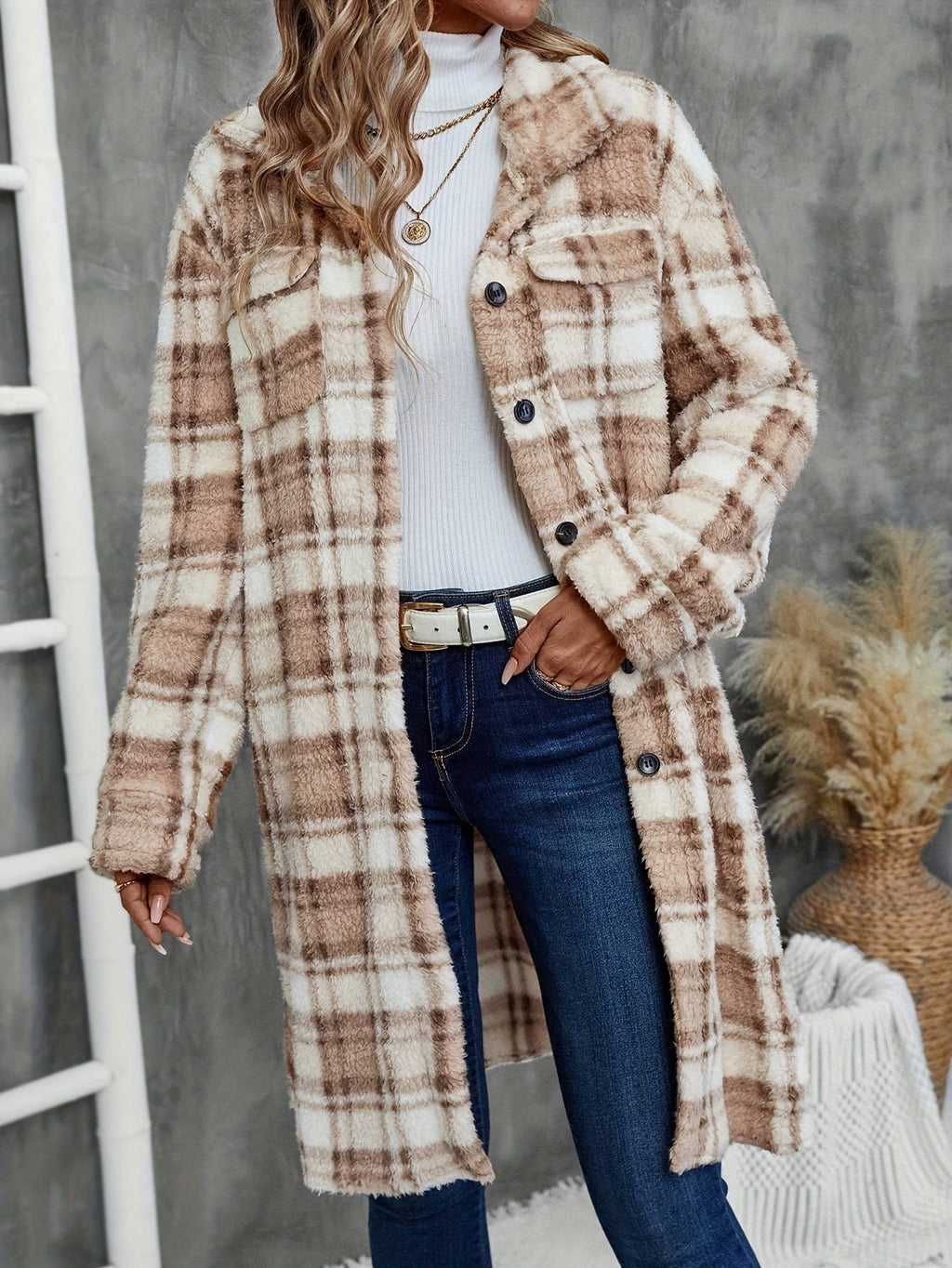 Women's Printed Plaid Long Double-sided Plush Patch Pocket Button Coat