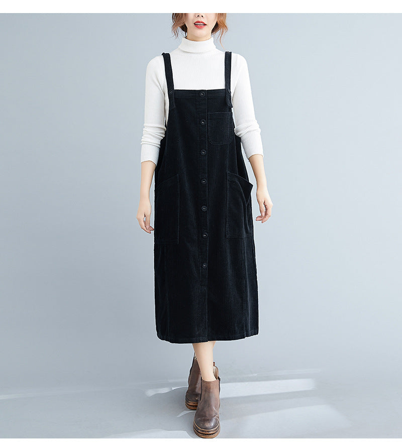 Sleeveless Artistic Large Size Loose Mid-length Women's Vest Dress Corduroy