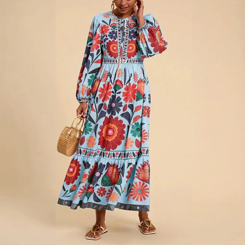 Women's Bohemian Floral Print Dress Cuff Long Sleeve Round Neck Maxi Dress For Spring&Fall
