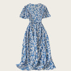 Short-sleeved V-neck Waist-cinching A-line Flared Dress