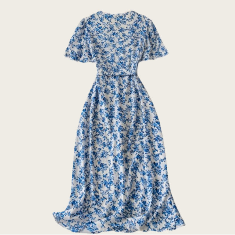 Short-sleeved V-neck Waist-cinching A-line Flared Dress