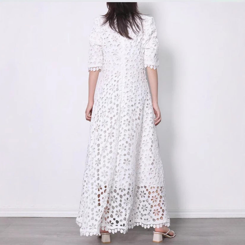 New Temperament Commuter White Lace Long Dress Elegant V-neck Design Floral Dress Evening Dress
