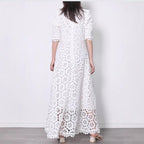 New Temperament Commuter White Lace Long Dress Elegant V-neck Design Floral Dress Evening Dress