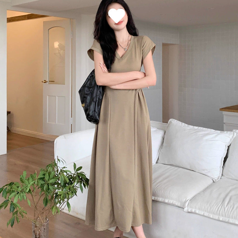 Simple V-neck Tight Waist Elegant Long Slimming All-matching Dress