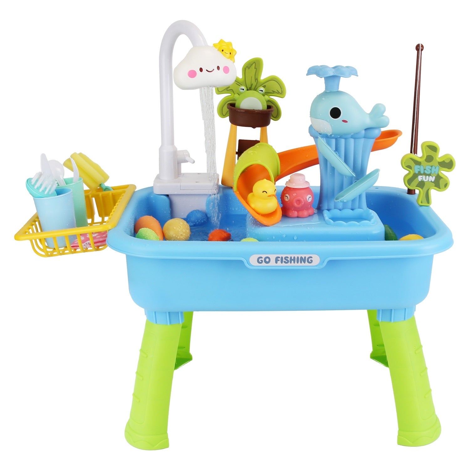 1Set 3 In 1 Kitchen Sink Toy With Electric Faucet Water Table Fishing Game Role Play Sink Set Indoor Outdoor For Kids Aged 3 Years Old