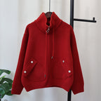 Loose Versatile Zipper Knitted Double-faced Woolen Goods Solid Color Coat For Women