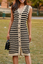 Parchment Buttoned Front Pencil Midi Sleeveless Sweater Dress