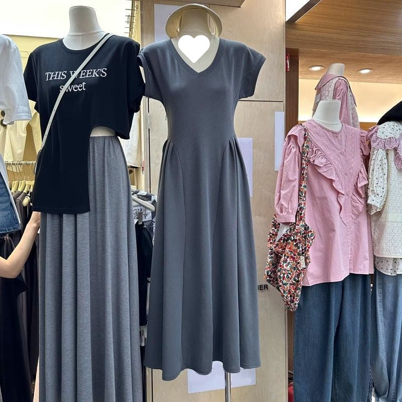 Simple V-neck Tight Waist Elegant Long Slimming All-matching Dress