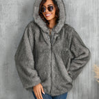 Leather Fur Solid Color Loose Hooded Short Collar Coat