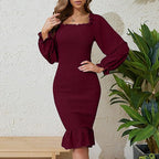 Long Sleeve Square-neck Fishtail Midi Dress