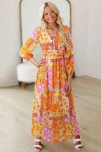 Orange Floral Patchwork Print Cut Out Tied Back Bracelet Sleeve Maxi Dress
