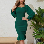 Long Sleeve Square-neck Fishtail Midi Dress