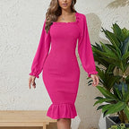 Long Sleeve Square-neck Fishtail Midi Dress
