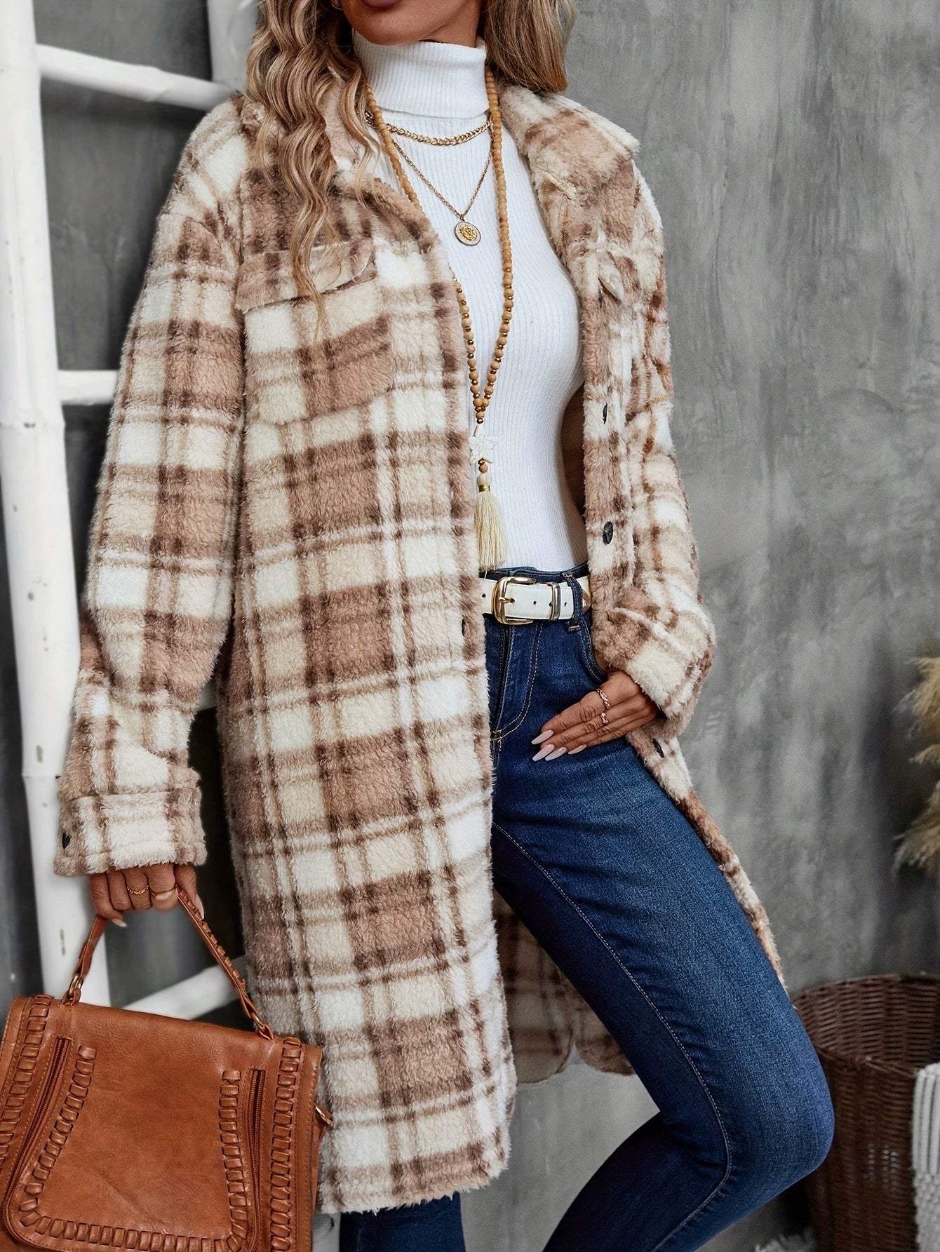 Women's Printed Plaid Long Double-sided Plush Patch Pocket Button Coat
